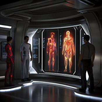 Three scientists standing in a futuristic laboratory setting, looking at a large screen displaying anatomical information about the human body