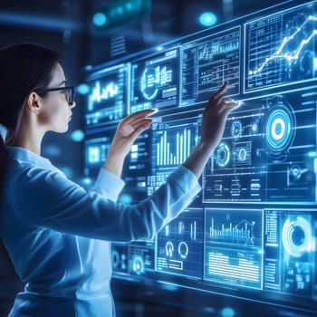 Businesswoman is interacting with a large digital wall displaying various business data visualizations