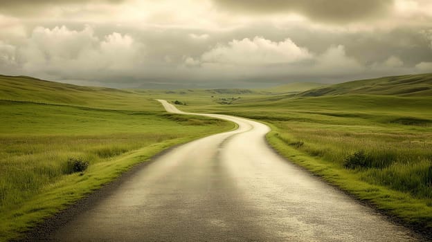 Paved road is winding through rolling green hills under a cloudy sky