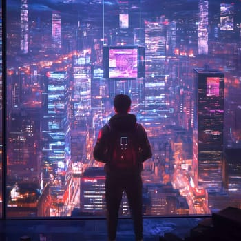 Software developer is looking out at a futuristic cityscape with augmented reality interfaces