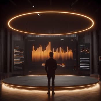 Businessman standing in a circular modern presentation room is looking at glowing orange and yellow graphs