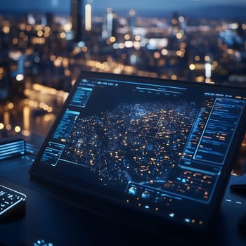 Computer screen is displaying a futuristic 3d city map with an augmented reality navigation system in a dark room with the city lights out of focus in the background
