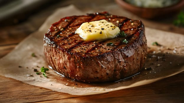 Juicy grilled beef steak with melting butter and herbs on top, resting on a piece of baking paper on a rustic wooden table