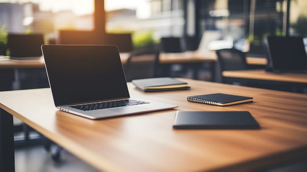 Open laptop computer displaying blank screen sitting on top of wooden desk with notebooks in modern office workspace