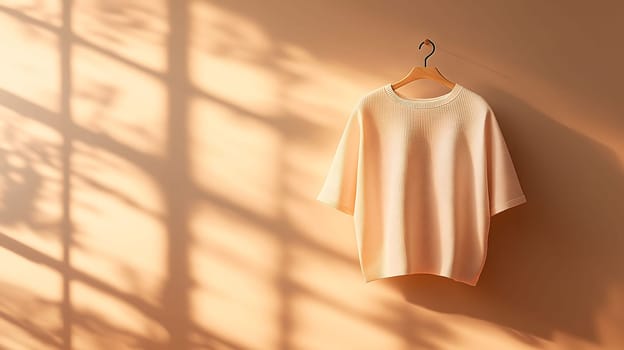 Basic white t-shirt is hanging on a minimal hanger with window light casting shadows for a mockup