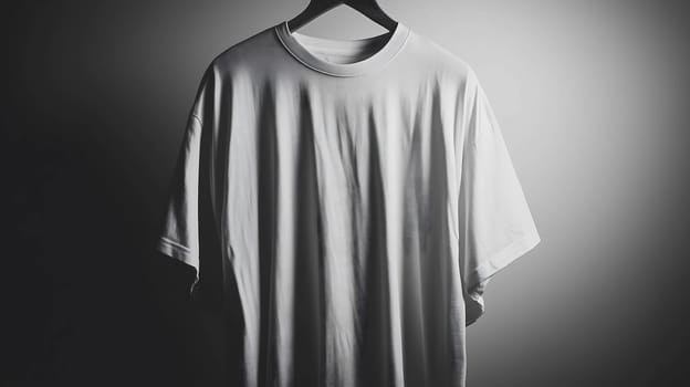 Plain white t-shirt is hanging on a hanger in front of a gradient background, perfect for showcasing your design
