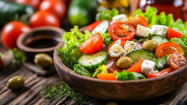 Fresh greek salad with feta cheese, vegetables and olives is served in wooden bowl on rustic table