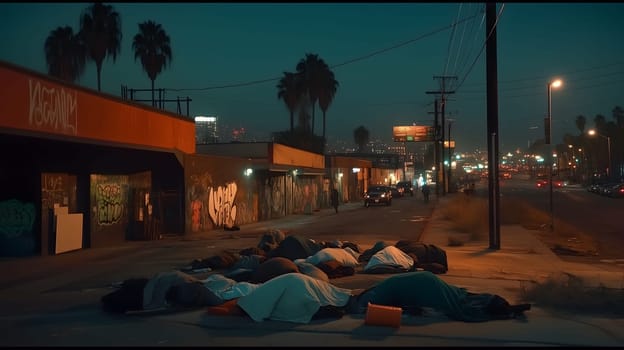 Homeless people trying to sleep on the dirty sidewalk of a dark city street