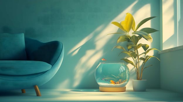 Modern, minimalist interior with a sofa, plant, and fishbowl bathed in warm sunlight