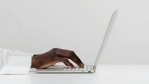 Businesswoman is working on a laptop computer, typing on the keyboard in an office setting