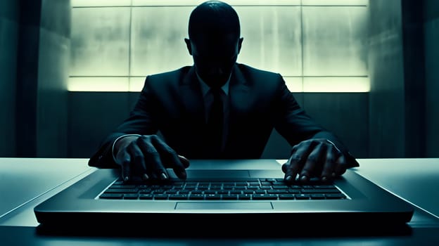 Businessman in suit and tie is working late at night, typing on his laptop keyboard
