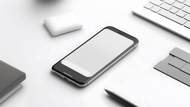 Modern smartphone showing blank screen lying on white desk with keyboard credit card and notebook