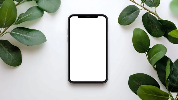 Modern smartphone showing blank white screen surrounded by green leaves on white background, perfect for showcasing your mobile app or website