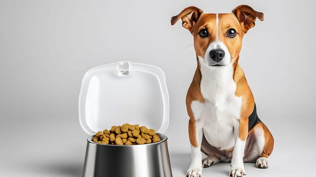 Cute jack russell terrier dog is sitting patiently near a full bowl of food