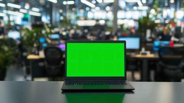Modern laptop showing green screen for mockup, standing on desk in office with businesspeople working in the background