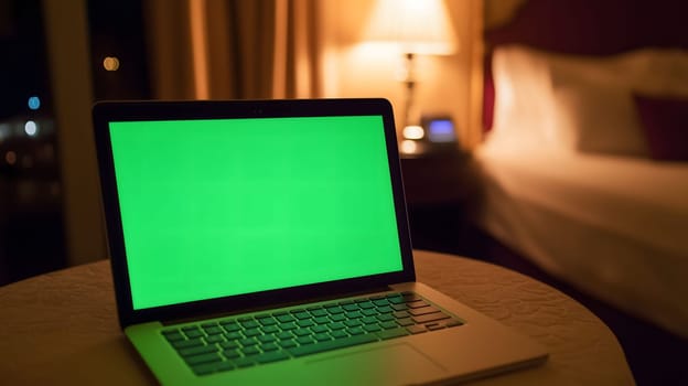 Laptop computer displaying a green chroma key screen standing on a small table in a hotel room at night