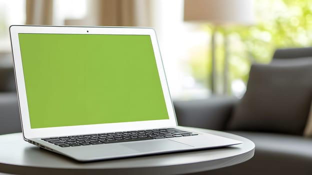 Silver laptop computer with a green screen is open, displaying a bright green chroma key screen