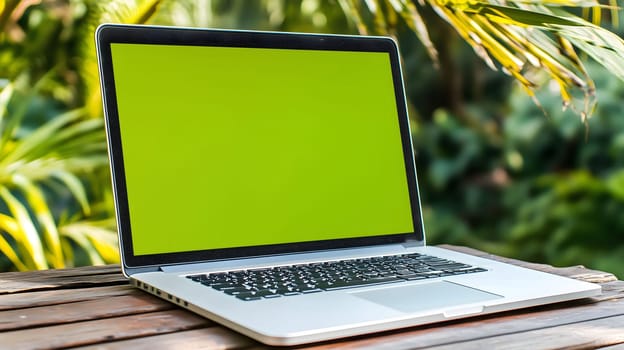 Laptop showing a green screen is laying on a wooden desk in a garden with tropical plants