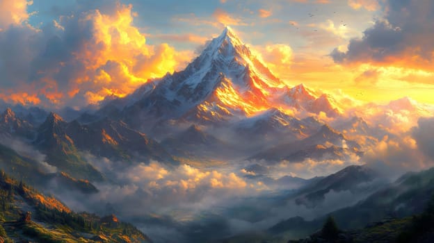 Majestic snow capped mountain peak illuminating dramatic sunset sky with colorful clouds and fog covering mountain slopes
