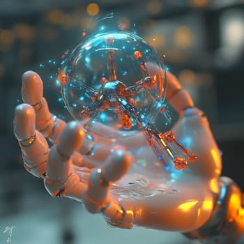 White robot hand is holding a glowing atom model in a glass sphere, representing the future of science and technology