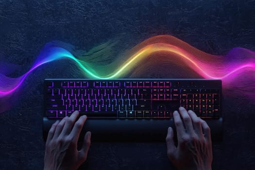 Capture the essence of modern gaming with this top down view of a dynamic keyboard. Vibrant colors and sleek design create an engaging visual experience.