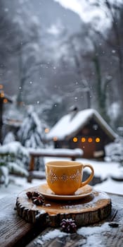 A coffee cup is placed on a saucer on a wooden table, surrounded by snow. The serene scene combines tableware, drinkware, and nature