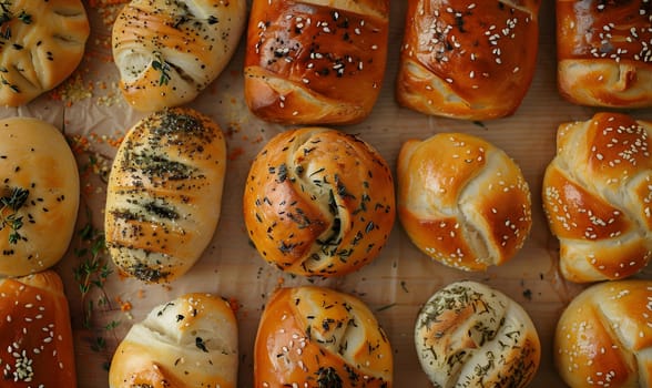 A variety of freshly baked artisanal bread rolls, seen from a topdown perspective