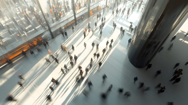 Top view of a busy modern building lobby with business people walking