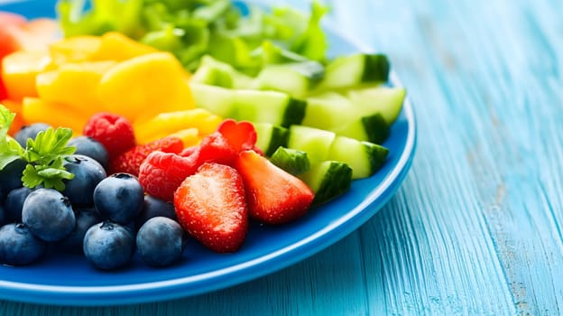 Vibrant blue plate holding colorful fresh sliced fruits and vegetables on a blue wooden table