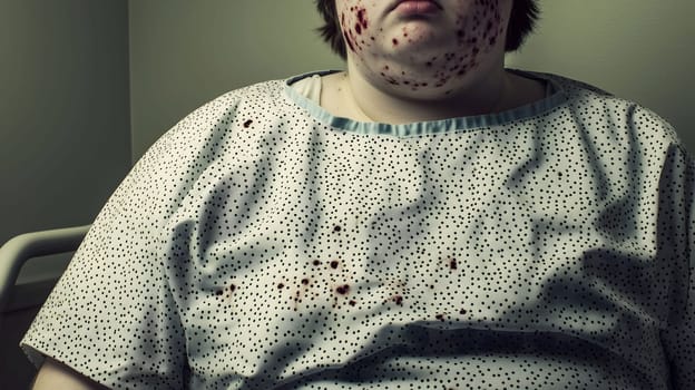 Overweight patient wearing bloodstained hospital gown looking down