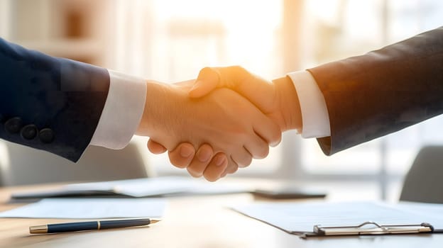 Two businessmen shaking hands after signing a contract in a sunlit office with documents and a pen on the table