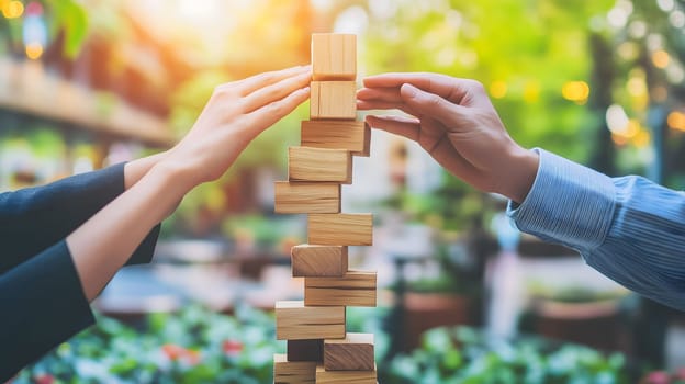 Business team protecting stacking wooden block tower, risk and strategy in business concept