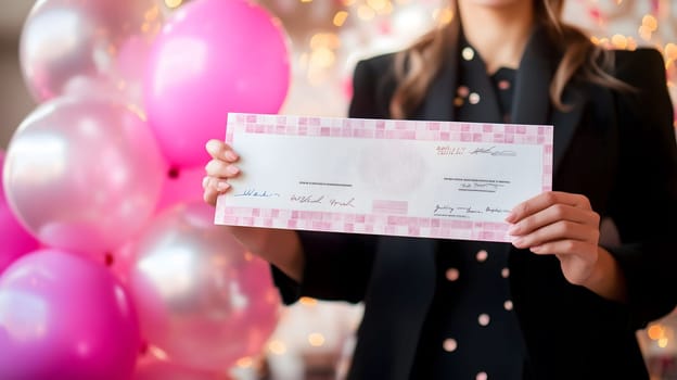 Businesswoman holding a big check with pink balloons in background