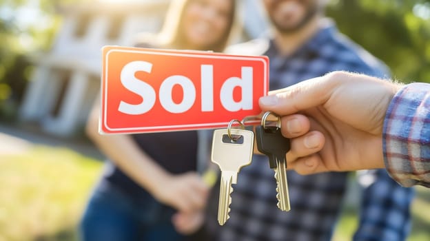 Realtor is holding a sold sign and keys with a young couple celebrating in the background