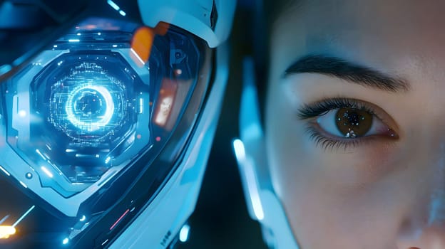 Close-up of a human eye beside a futuristic AI robot interface, highlighting human-technology interaction.
