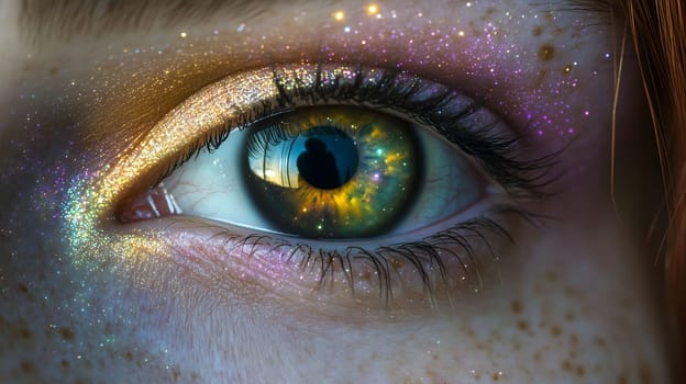 Close-up of a woman's eye with golden and purple makeup, reflecting a galaxy with stars