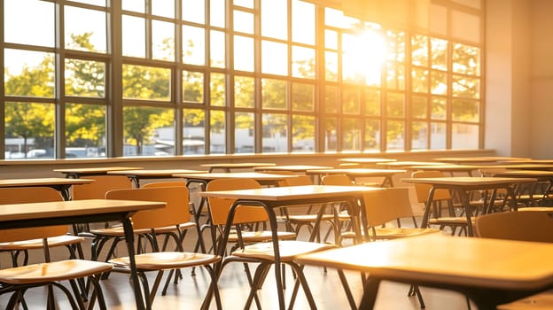 Empty classroom bathed in warm sunlight streaming through large windows