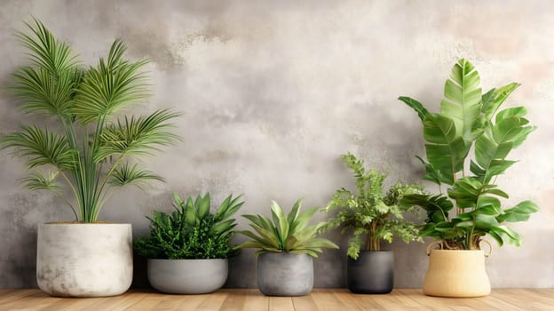 Minimalist interior design with different houseplants on a wooden floor against an empty concrete wall