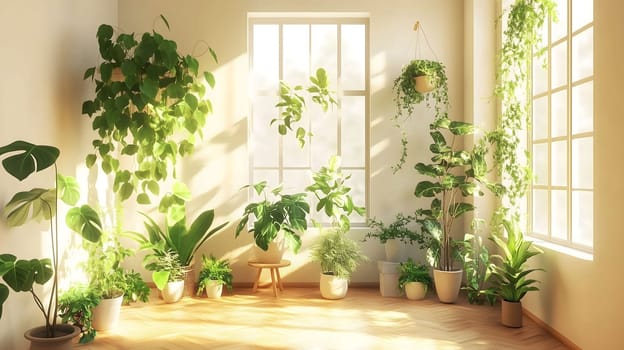 Bright modern living room full of lush green thriving houseplants by windows with sun shining in