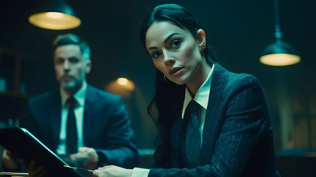 Businesswoman holding contract and looking concerned during a meeting with her male colleague in a dark room