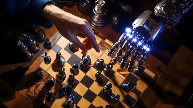 Close-up of a human hand and a robot arm competing in a chess game.