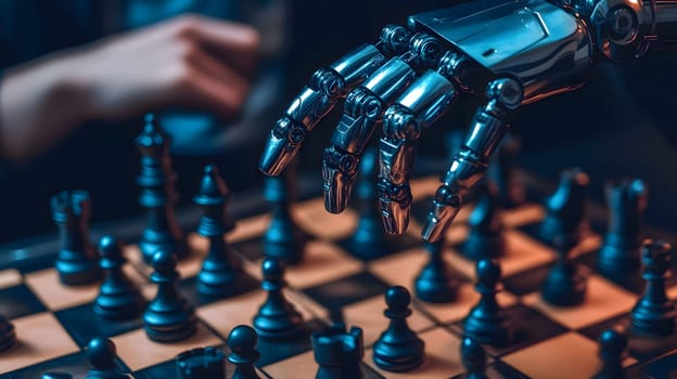 Robotic hand playing chess, moving a pawn on a wooden chessboard.