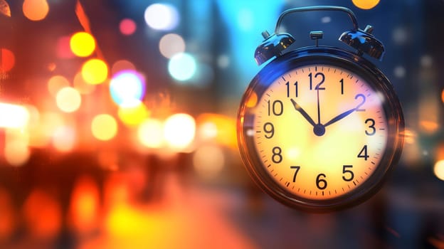 Vintage alarm clock showing midnight hour with unfocused city lights and people silhouettes in the background
