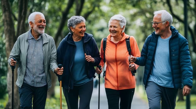 Group of four senior friends are enjoying their time hiking together in the park