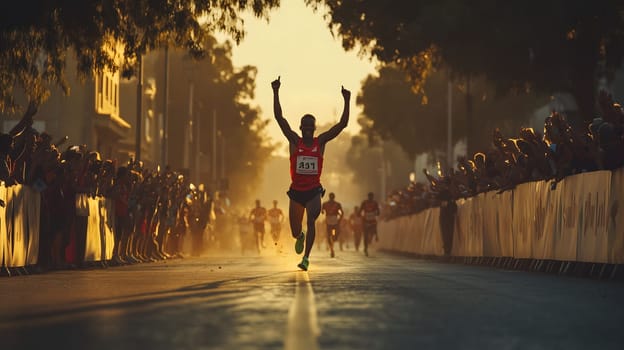 Male marathon runner crossing the finish line in first place with his arms raised in victory