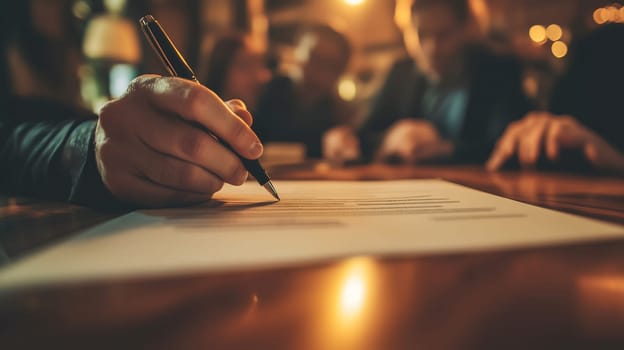 Businessman is signing a contract during an after-work meeting with colleagues in a pub