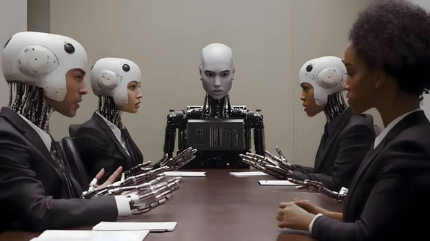 Robots and humans in a business meeting, facing each other across a table.