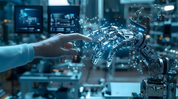 Human and robotic hands reaching out to touch, symbolizing human-AI connection.