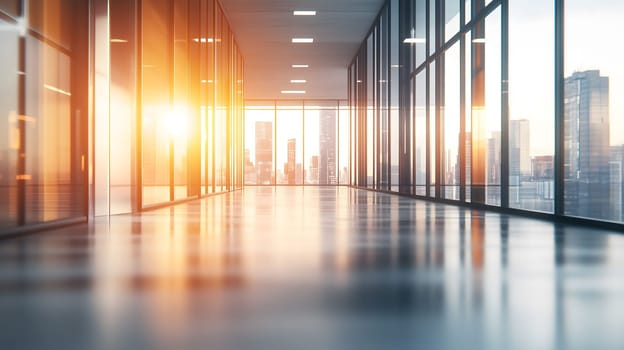 Empty modern office corridor with big windows and a cityscape view at sunset
