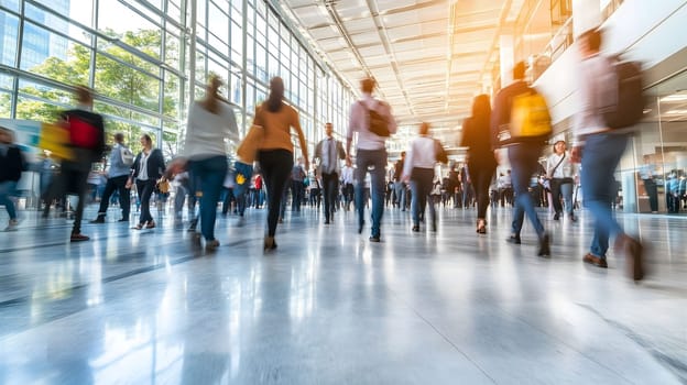 Crowd of business people walking in a modern lobby with motion blur